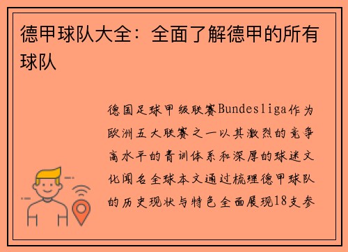 德甲球队大全：全面了解德甲的所有球队