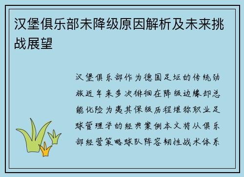 汉堡俱乐部未降级原因解析及未来挑战展望